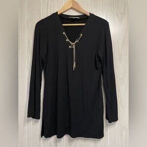 MICHAEL KORS Black Long Sleeve Top With Gold Chain Detail Size M LNC